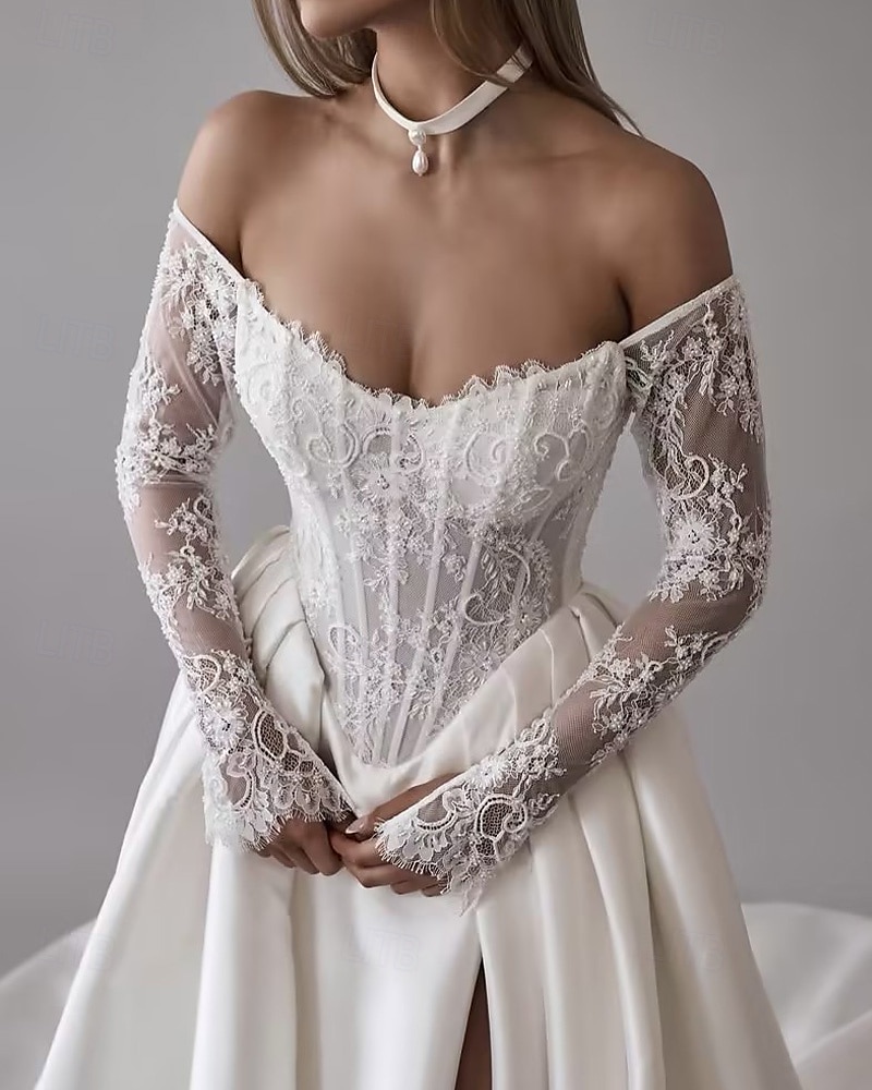 Vestidos de Boda Bustier Caída Vestido de Gala Sin Mangas Con Mangas Desmontables Falda Capilla Satinado Novias Con Aplicación de Encaje Floral 2026 - $218.49 –P2