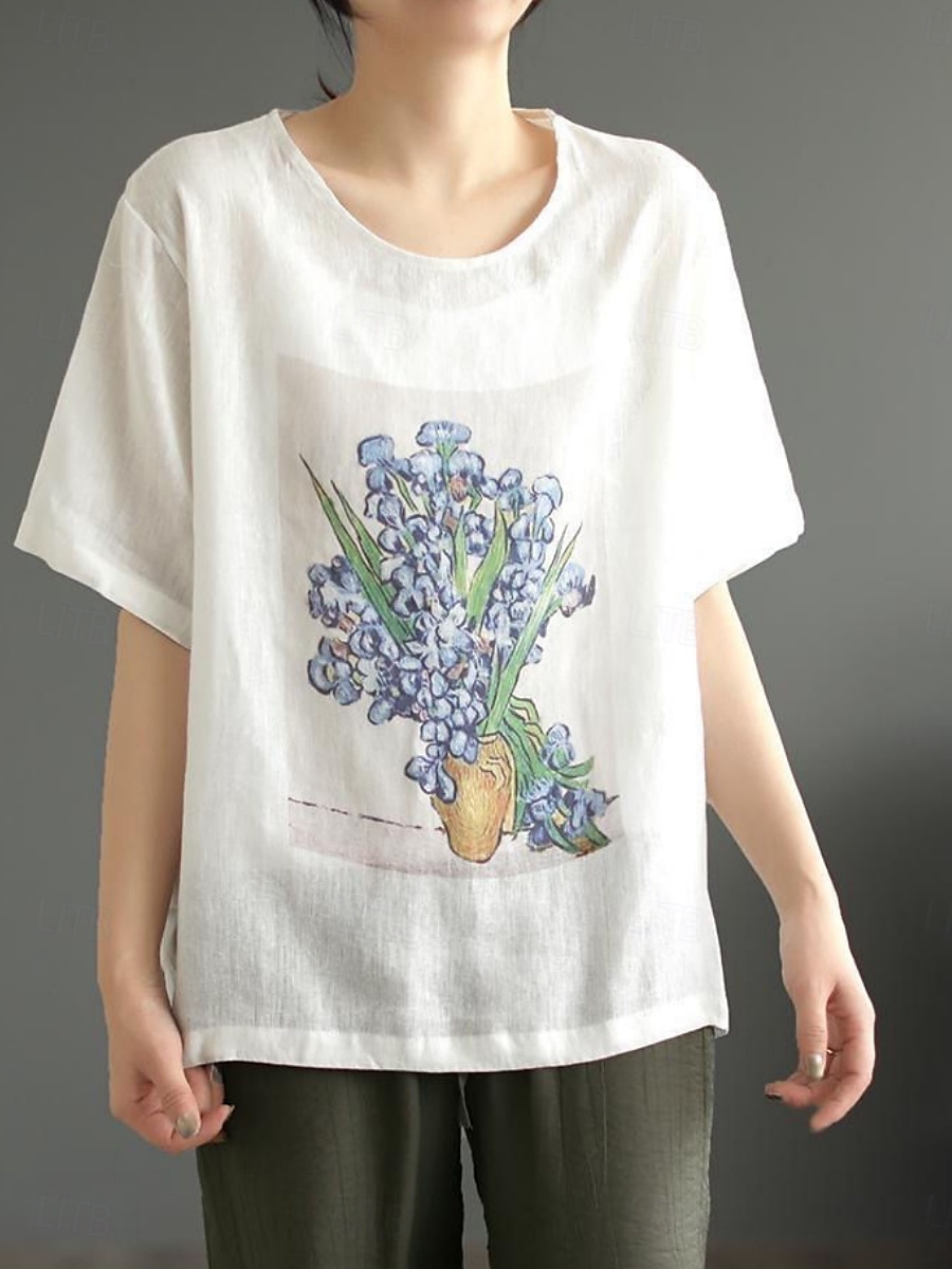 Dame Skjorte Blomstret Grafisk Grunnleggende Fritid Halvlange ermer Crew-hals Vanlige topper Daglig Trykt mønster Hvit Gul Beige Sommer 2025 - $14.99 –P12