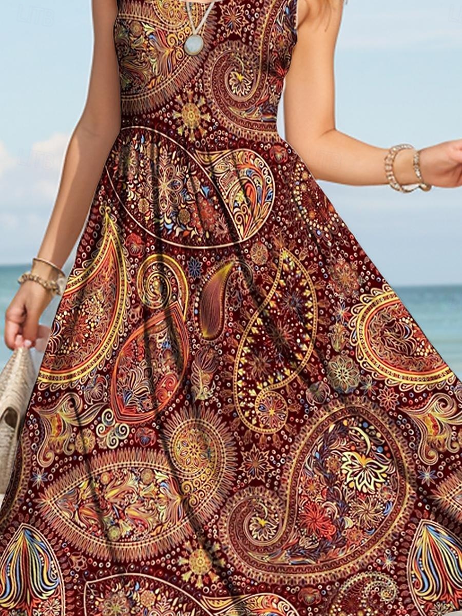 Damen Midikleid Sommerkleid A Linie Kleid Schulterfreies Kleid Urlaub Lässig Normale Passform Grafik Paisley-Muster Boho Paisley Damast Ärmellos U-Ausschnitt Rundausschnitt Wein Blau Fuchsie Grün 2025 - $35.99 –P3