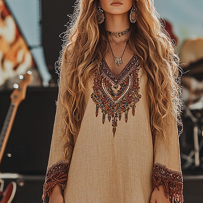 Dam Midiklänning Boho-klänning Klänning med tryck Västerländsk klänning Mode Modern Utomhus Helgdag Normal Blomma Långärmad V-hals Kaki Sommar 2025 - $23.99 –P2