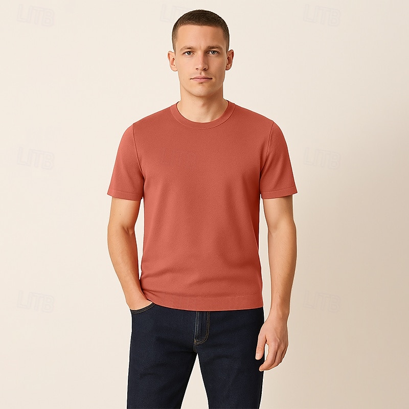 męska jedwabna bawełniana mieszanka lyocellu t-shirt krótki rękaw okrągły dekolt lato gładki żakard elegancki klasyczny okrągły dekolt minimalistyczny wakacje dom bawełna czarny niebieski granatowy top koszulka męska 2025 - $46.99 –P24