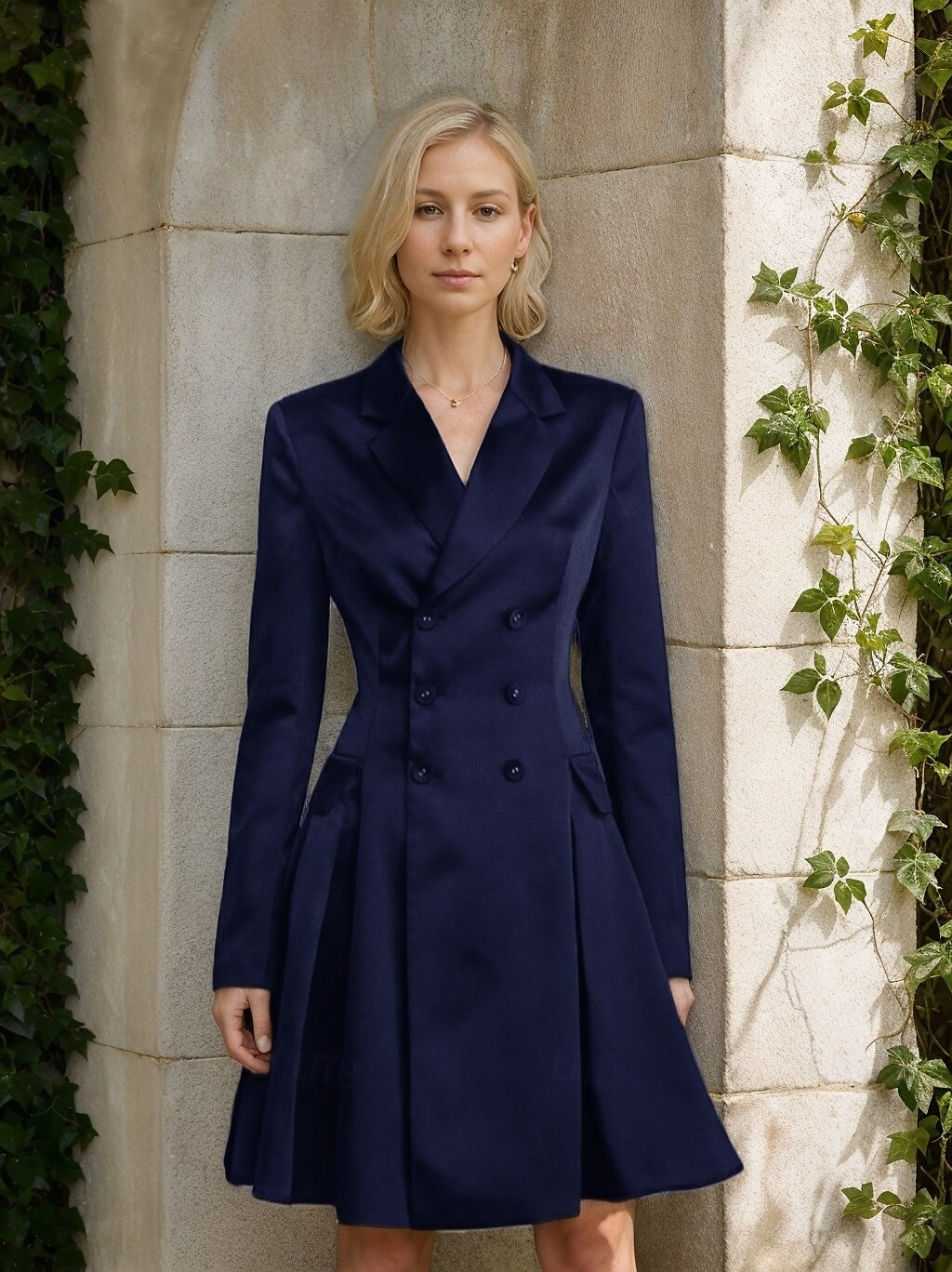 Vestido de la Madre de la Novia A-Line Vestido Tuxedo Vestido de Invitada de Boda Elegante Simple Lujoso Blazer Cuello con Solapas Largo hasta la Rodilla Satén Manga Larga con Pliegues y Bolsillos 2025 - $179.99 –P6