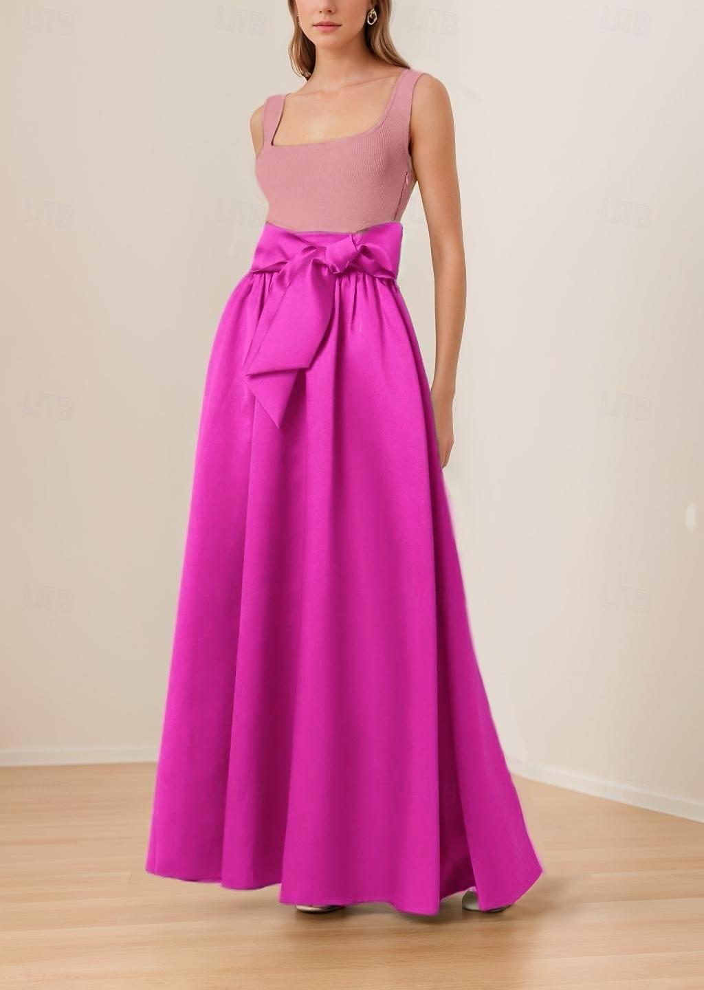 Abito da Sera A-Line Abito in Stile Celebrità Abito Formale Ospite di Matrimonio Lunghezza Completa Senza Maniche Collo Quadrato Cintura  Nastro Top a Coste Raso Gonna con Fiocco(i) del 2025 a $149.99 –P6