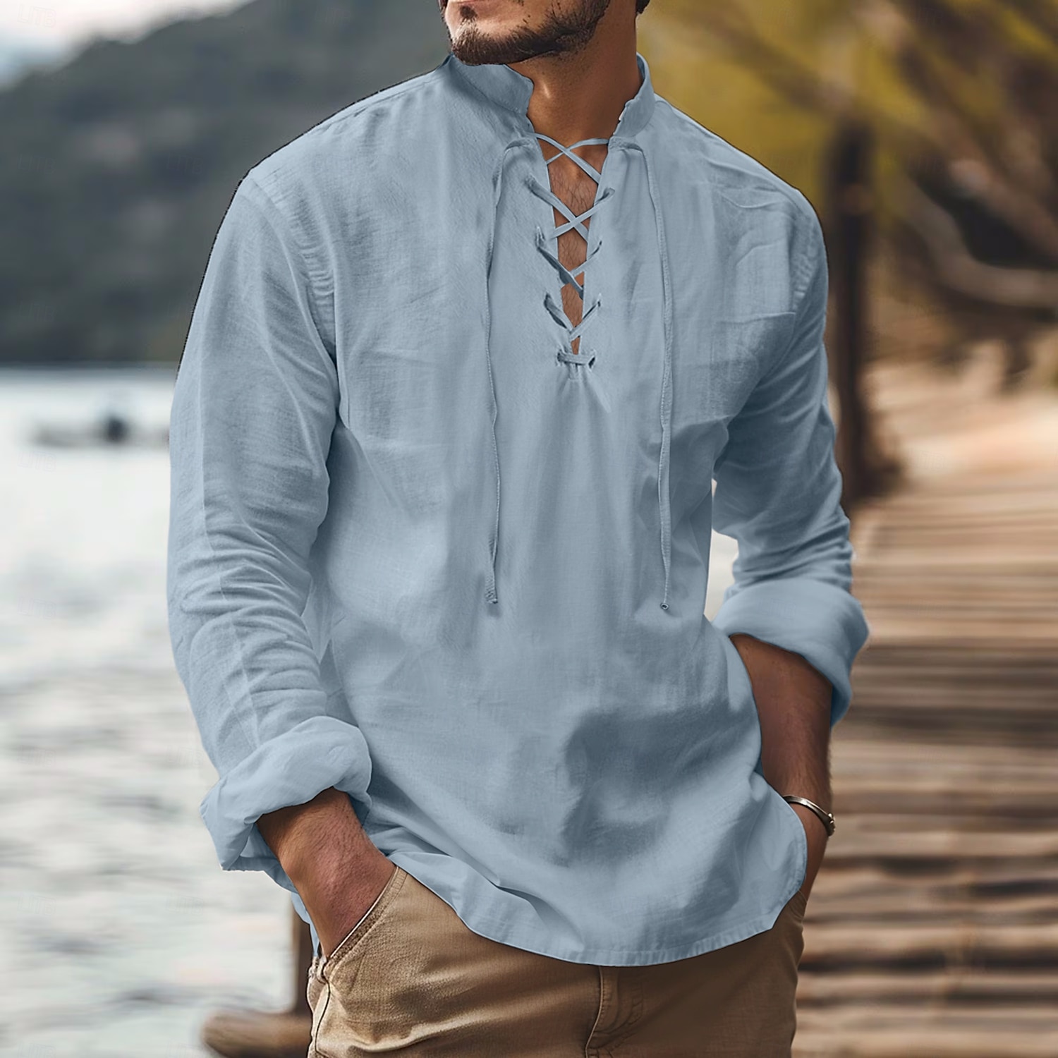 Per uomo Camicia Camicia di lino Stile vichingo Camicia Estiva Abbigliamento da spiaggia Camicia pirata Tinta unica Vacanza Ferie Bianco Blu marino Azzurro cielo Verde Manica Lunga Collo alla coreana del 2025 a $21.99 –P8