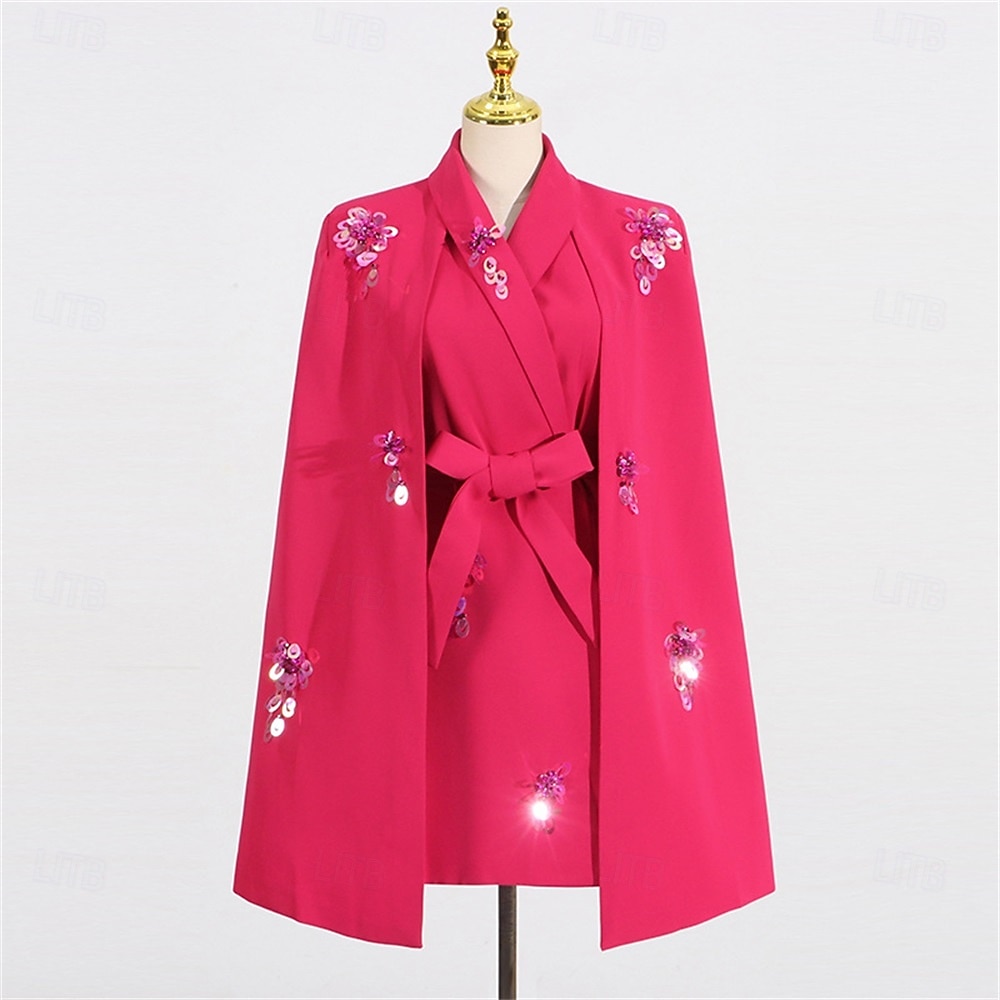 A-Line Cape Dresses Elegant Tuxedo Dress Hot Pink Wedding Wedding Guest  Short / Mini Long Sleeve V Neck Blazer Dress with Sequins 2026 - AU $240.49