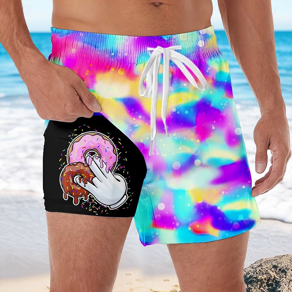 Herr Färgglad Donuts Tecknad handtryck Fodrade shorts 2 i 1 simshorts Badshorts Medium Midja Hawaiisk Semester Sidfickor Med kompressionsfoder Elastisk dragsko i midjan Designer Kläder 2025 - $21.99 –P1