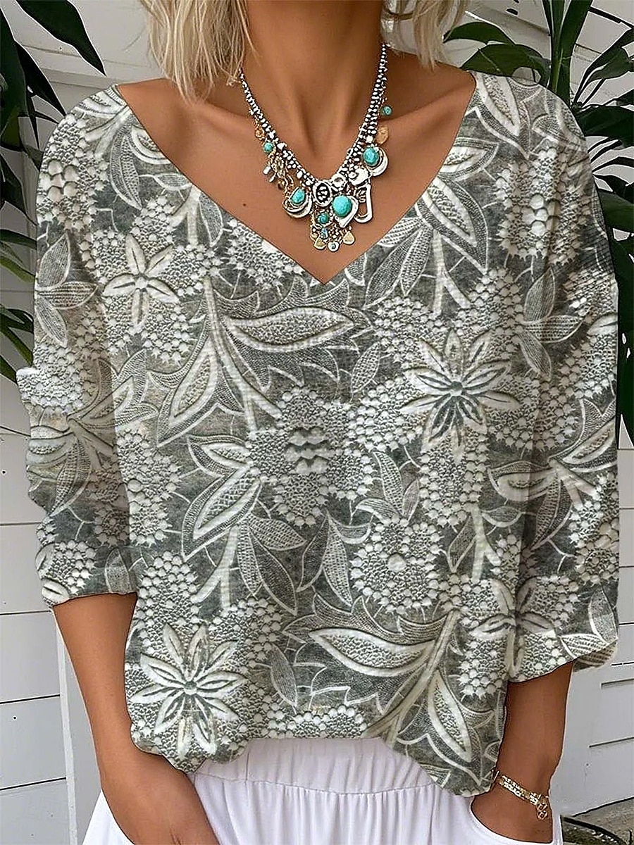 Damen Bluse Blumen Grafik Pflanzen Vintage Tropisch Stilvoll Dreiviertelarm V Ausschnitt Normale Oberteile Täglich Ausgehen Wochenende Silber Gold Khaki Sommer Frühling 2025 - $24.99 –P3