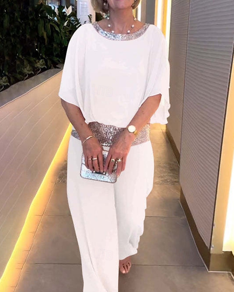 Two Piece Jumpsuit / Pantsuit Mother of the Bride Pantsuit Elegant Vintage Simple Boat Neck Floor Length Chiffon Half Sleeve with Sequin 2025 - $99.99 –P6