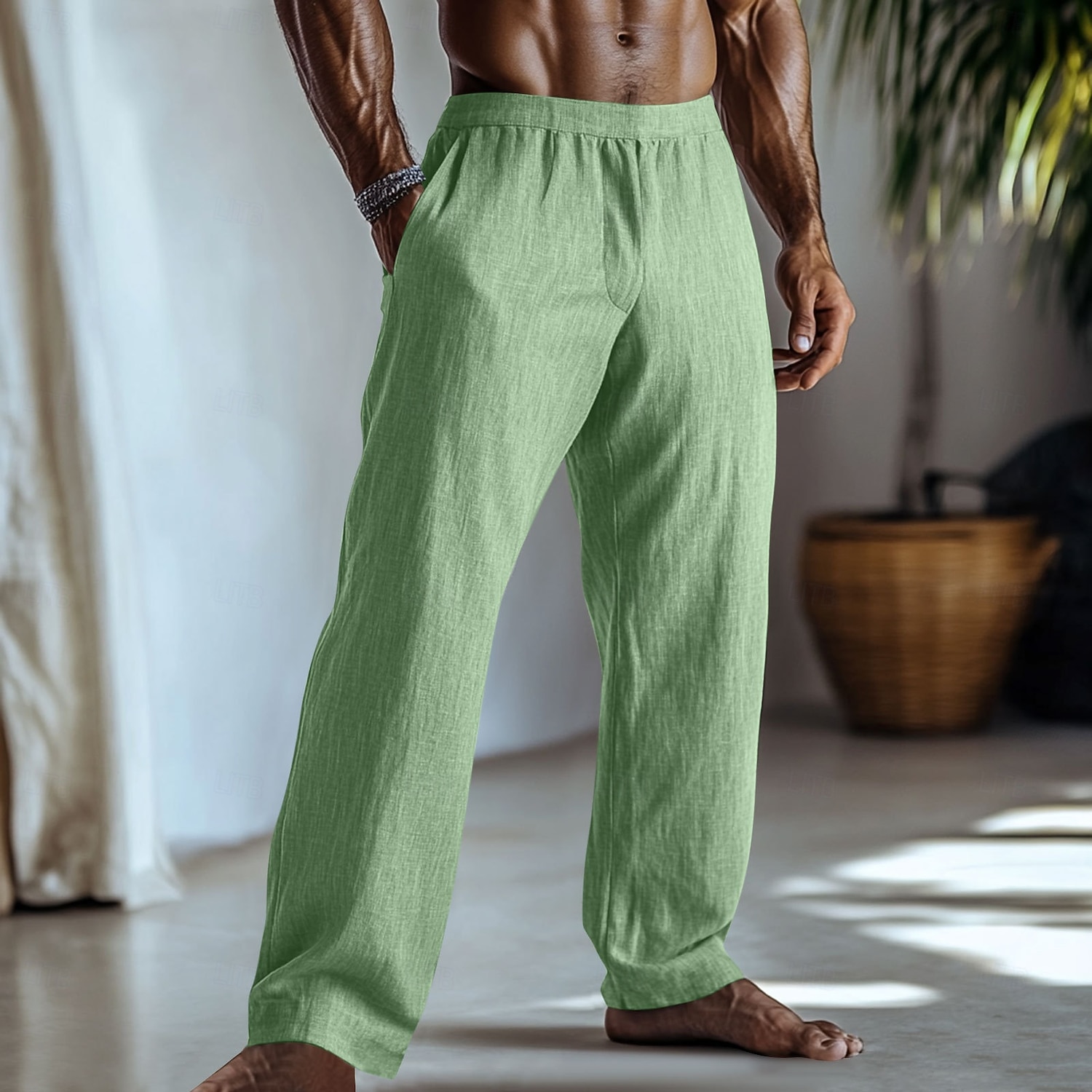 Men's Linen Pants Trousers Summer Pants Baggy Pants Elastic Waist Straight Leg Plain Comfort Breathable Full Length Daily Home Yoga Fashion Classic Style Light Green 2026 - $25.99 –P8
