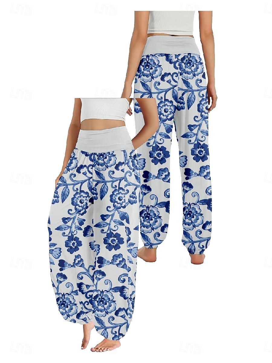 Dam Linneinspirerade byxor Brett skaft Byxor Etnisk Stil Ledigt Boho Fullängd Hög midja Blommig Ficka Elastisk midja Tryck Mateial som andas Mjuk Microelastisk Utomhus Yoga Svart Rosa Marinblå Blå 2025 - $21.99 –P12