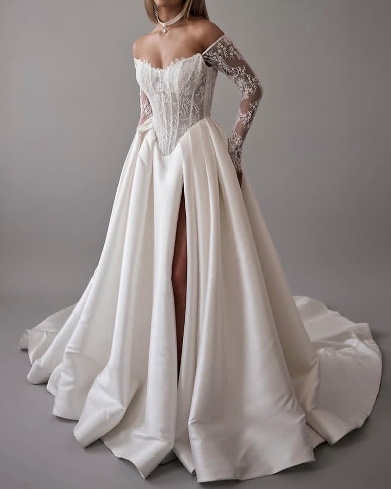 Vestidos de Boda Bustier Caída Vestido de Gala Sin Mangas Con Mangas Desmontables Falda Capilla Satinado Novias Con Aplicación de Encaje Floral 2026 - $218.49 –P3