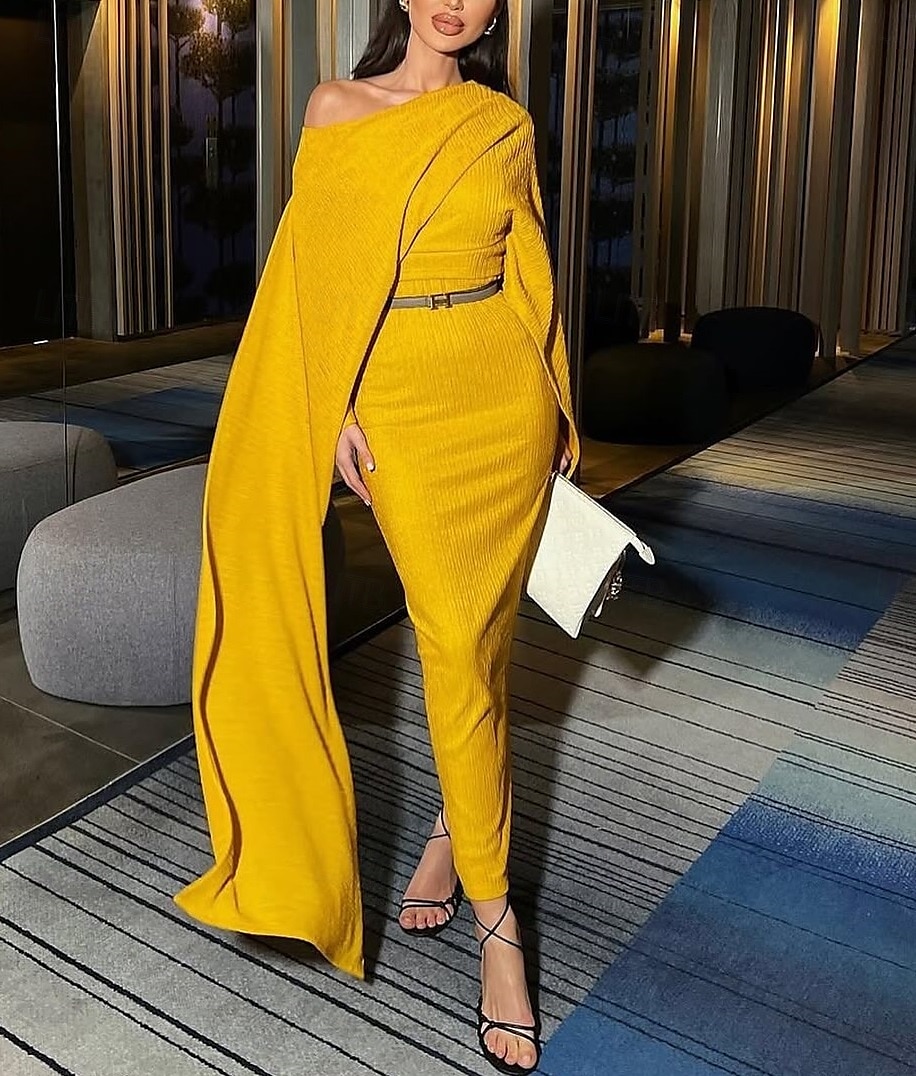 Yellow Column Evening Gown Elegant Dress Formal Wedding Floor Length Long Sleeve Boat Neck Stretch Crepe with Slit Shawl 2025 - $154.99 –P2