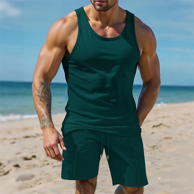Hombre Tanque Chaleco Trajes de camiseta Trajes de 2 piezas Sin Mangas Cuello Barco Verano Plano Moda Casual 2 Piezas Vacaciones Ropa Cotidiana Noche Blanco Vino Verde Oscuro Camiseta superior para 2025 - $28.99 –P13