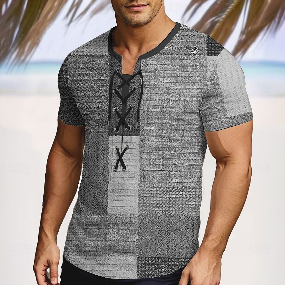 Men's Patchwork Shirt Short Sleeve T shirt 3D Print Lace Up Neck Shirt Vacation Fashion Casual Street Casual Daily Blue Purple Brown Summer Spring Clothing Apparel S M L XL XXL XXXL 2025 - $18.99 –P8