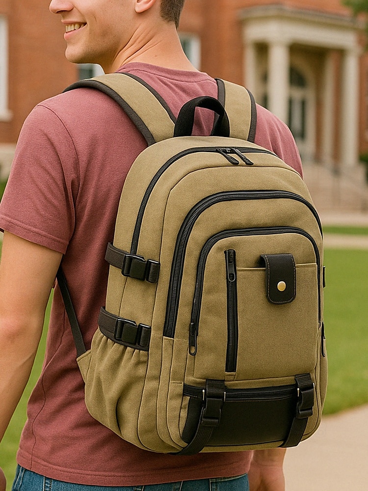 herrryggsäck i canvas med stor kapacitet – reseryggsäck i vintagestil med flera fickor och spännremmar för skola, arbete eller utomhusäventyr 2025 - $26.99 –P1