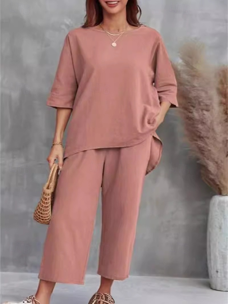 Dámské EU / US velikost Sady inspirované lnem Dvoudílné sady Bolero Top Poloviční rukáv Kulatý Pevná barva Běžné / Denní Černá Světlá růžová Nebeská modř Jaro léto Volný 2025 - $39.99 –P3