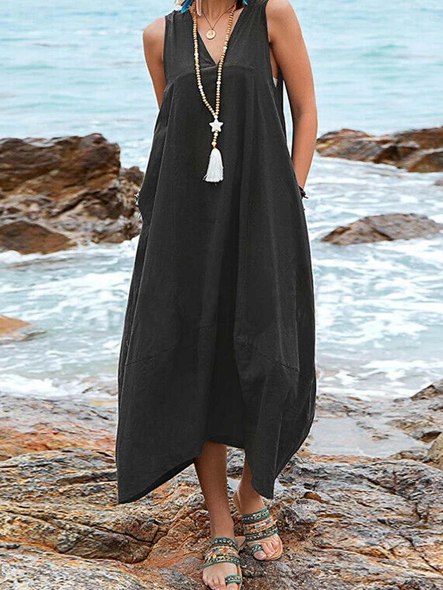 Per donna Abito Midi Abito in cotone e lino Essenziale Casual Vacanza Quotidiano Vestibilità regolare Semplice Senza Maniche Scollo a V Nero Vino Cachi Estate del 2025 a $32.99 –P6
