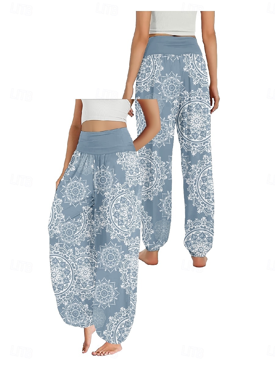 Dam Linneinspirerade byxor Brett skaft Byxor Etnisk Stil Ledigt Boho Fullängd Hög midja Blommig Paisley Ficka Elastisk midja Tryck Mateial som andas Mjuk Microelastisk Utomhus Yoga Röd Blå Mörkgrön 2025 - $21.99 –P3