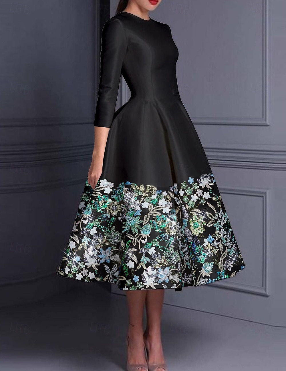 Robe cocktail élégante en A brodée floral robe formelle mariage longueur cheville manches longues col crew satin avec fente de 2025 ? $168.99 –P1