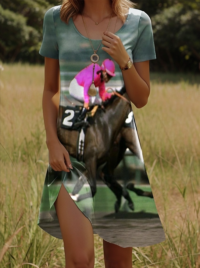 Robe Mini Femme Kentucky Derby Robe A Ligne Robe T-shirt Robe Tee Robe d'Été Décontractée Quotidien Coupe Régulière Graphique Animal Manches Courtes Col Ronde Blanc Été Printemps de 2025 ? $22.99 –P5