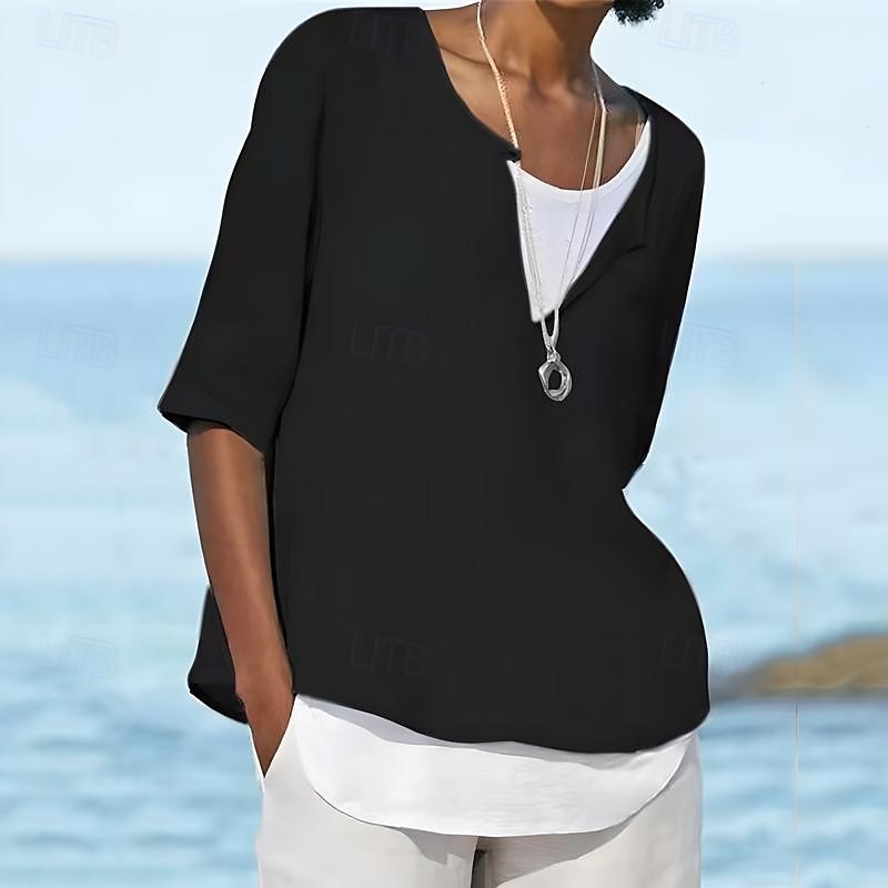Mujer Camisa Camisa de lino Camisas de algodón y lino Plano Diario Elegante Básico Manga 3/4 Escote en Pico Tops regulares Trabajo Diario Festivos Negro Blanco Azul Piscina Primavera Otoño 2025 - $24.99 –P3