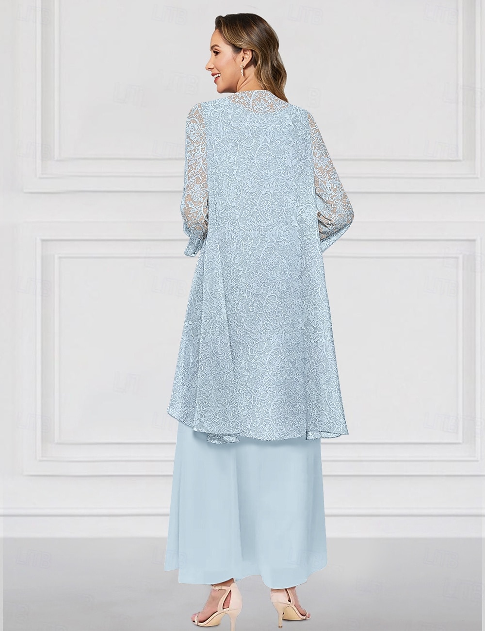 Ensemble de robes A-Linie deux pièces vert bleu rose mère de la mariée élégante col ras du cou longueur cheville en chiffon à manches longues avec veste en dentelle volants niveau de 2025 ? $158.99 –P3
