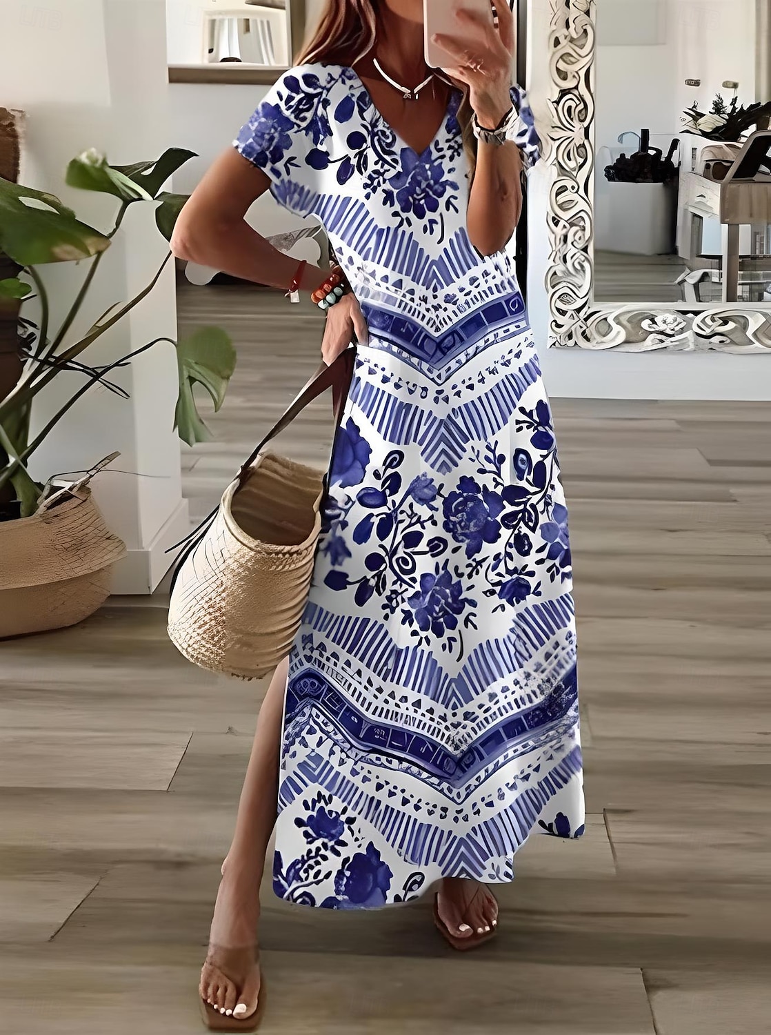 Damen Maxikleid Sommerkleid A Linie Kleid Urlaub Lässig Boho Ausgehen Strand Lässiger Schnitt Blumen Grafik Geometrisch Kurzarm V Ausschnitt Leicht Braun Blau Himmelblau Grau Sommer Frühling 2025 - $28.99 –P4