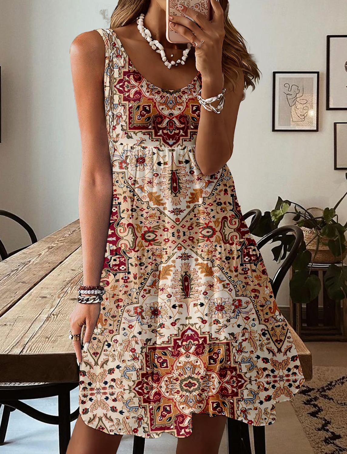 Damen Minikleid Sommerkleid A Linie Kleid Schulterfreies Kleid Urlaub Lässig Strand Normale Passform Blumen Grafik Paisley-Muster Ärmellos Rundhalsausschnitt Leicht Braun Sommer 2025 - $28.99 –P1