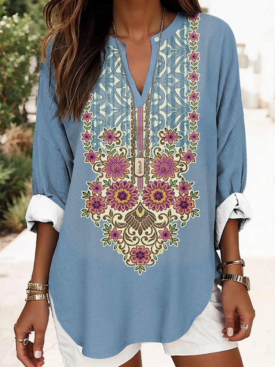 Γυναικείο Τοπ Μπλούζα Λινάρενο Ανάλαφρο Ελαφρύ Τουνίκ V Πλευρό Μακριά Μανίκια Μποχό Καθημερινό Λουλούδι Γραφικό Βιντάζ Τροπικό Κανονικά Τοπ Καθημερινά Ρούχα Διακοπών Τύπωμα Μαύρο Μπλέ Χακί 2026 - $32.99 –P3
