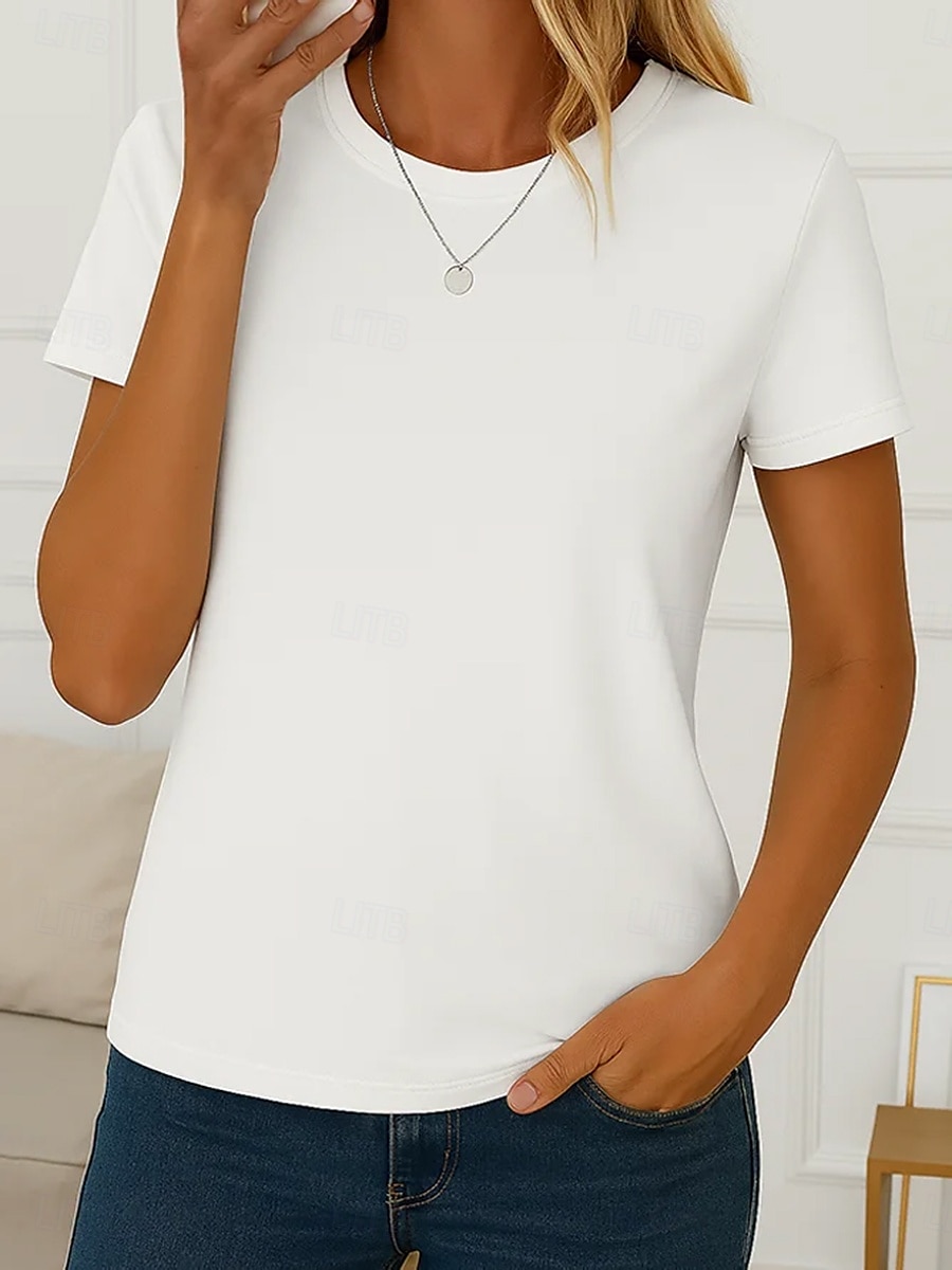 2025年 女性用 Tシャツ 純色 ヴィンテージ スタイリッシュ ベーシック 半袖 クルーネック ラウンドネック レギュラートップス 日常 プリント ホワイト ライトグリーン グレー ライトブルー 夏 春 コレクション – $19.99 –P3