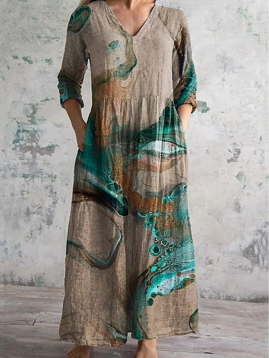 Damen Langes Kleid Maxikleid Freizeitkleid Sommerkleid Boho-Kleid Mode Urlaub Täglich Wochenende Normale Passform Blumen Grafik Langarm V Ausschnitt Gelb Grün Khaki Regenbogen Sommer 2025 - $22.99 –P3