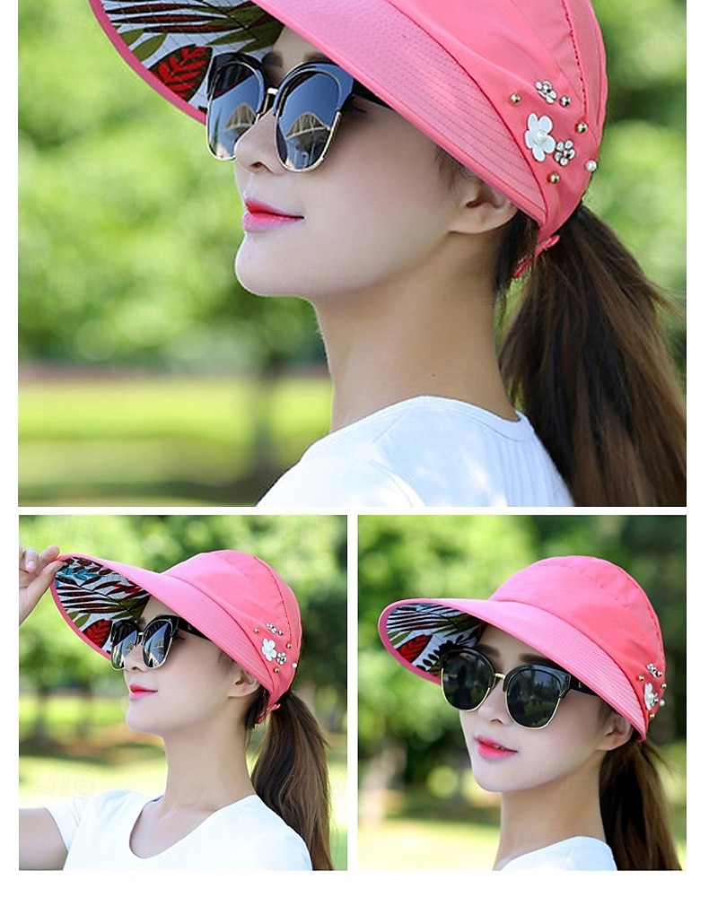 Summer Foldable Sunscreen Hat Wide Brim Women Solid Color Beads Flower Decor Sun Hat Visors Outdoor Sports Cap 2025 - $12.49 –P1