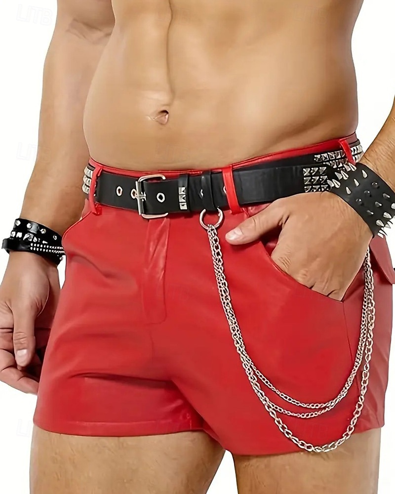 Men's Shorts Summer Shorts Casual Shorts Faux Leather Shorts Pocket Plain Comfort Breathable Short Outdoor Vacation Sport Casual Black Red 2025 - $23.99 –P7