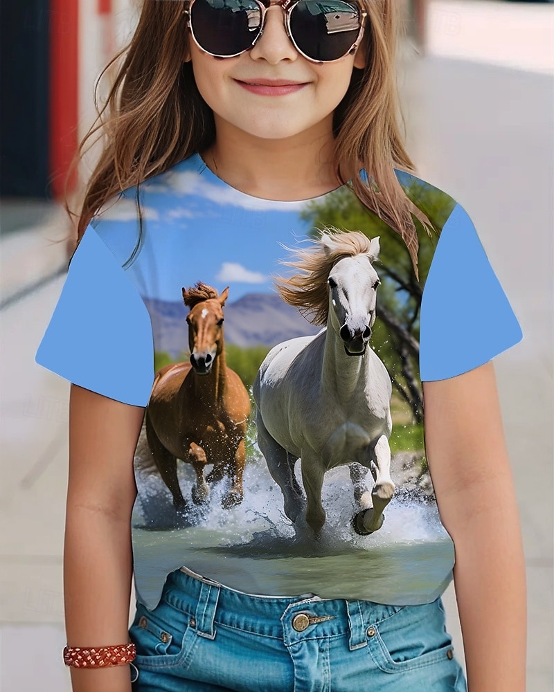 Mädchen 3D Pferd T-Shirt Kurzarm Sommer Frühling Mode Basic Kinder 4-12 Jahre Rundhalsausschnitt Outdoor Lässig Täglich Normale Passform 2026 - $11.99 –P1