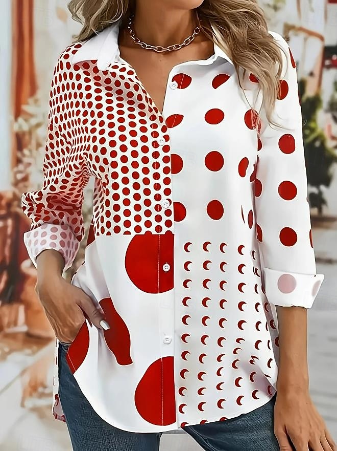 Damen Hemd Grafik Geometrisch Lässig Langarm Hemdkragen Normale Oberteile Arbeit Täglich Patchwork Knöpfe Druck Schwarz Rote Frühling Herbst 2025 - $32.99 –P3