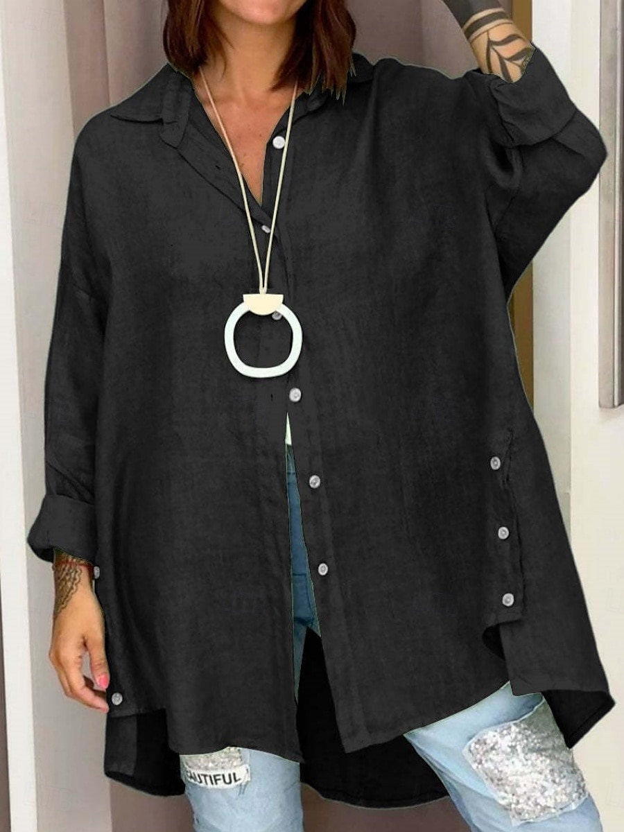 Damen Hemd Einfarbig Einfach Basic Lässig Langarm Hemdkragen Normale Oberteile Täglich Knöpfe Schwarz Weiß Rosa Grün Sommer 2025 - $32.99 –P3