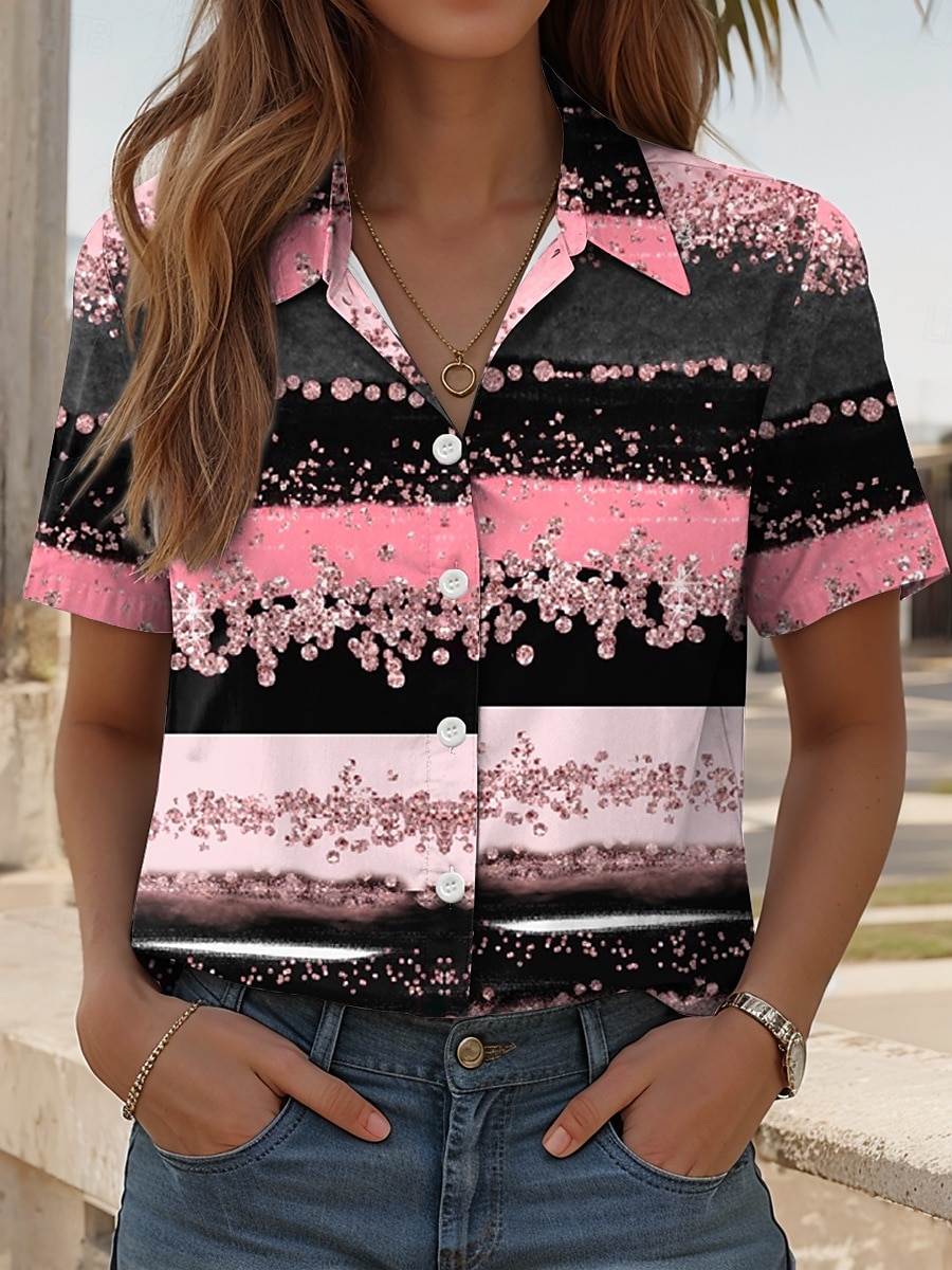 Damenhemd Langarm Bluse Knopfdown Grafik Geometrisch Täglich Lässig Kurzarm Hemdkragen Reguläre Oberteile Täglich Pink Blau Grün Sommer Frühling 2025 - $24.99 –P1
