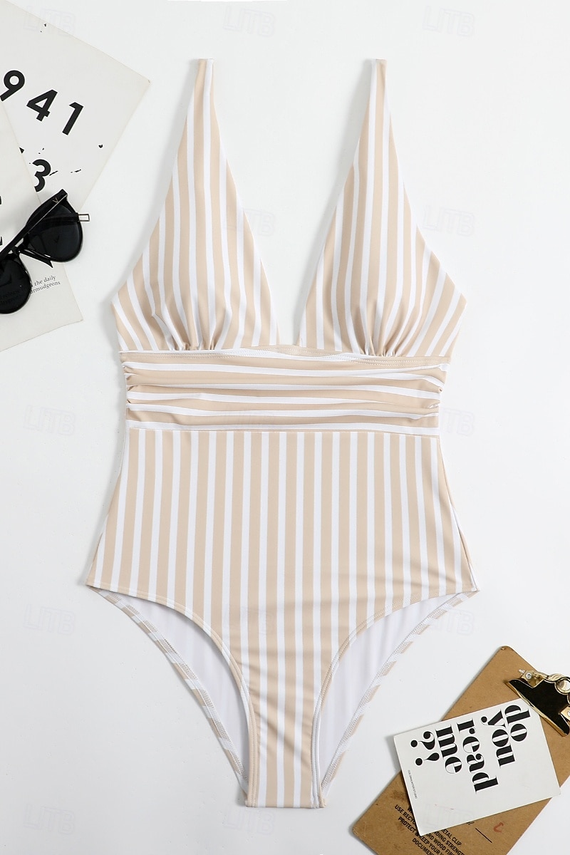Femmes Maillots de Bain Une Pièce Maillot de bain Dos nu Tropical Tenues de plage Rayé Fil en V Sans manches Maillots de bain de 2025 ? $21.99 –P3