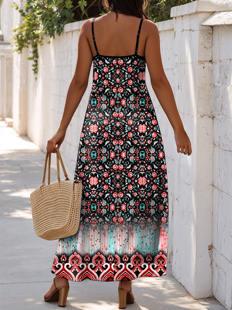 Damen Maxikleid A Linie Kleid Unterkleid Urlaub Lässig Outdoor Normale Passform Blumen Grafik Ärmellos V Ausschnitt Spaghettiträger Gelb Rote Blau Purpur Sommer Frühling 2025 - $31.99 –P1