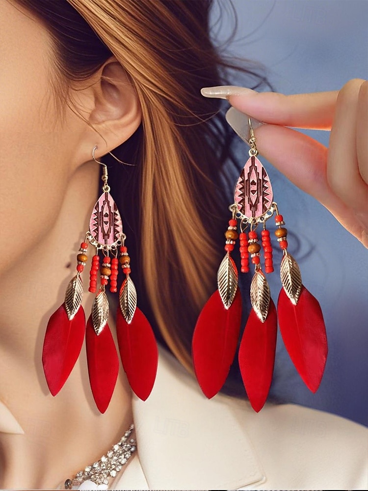 Bohemian Federohrringe mit bunten Perlen, Ethno-Stil für Frauen – perfekt für Sommerfeste, Freizeitausflüge und den Urlaub 2025 - $9.99 –P3