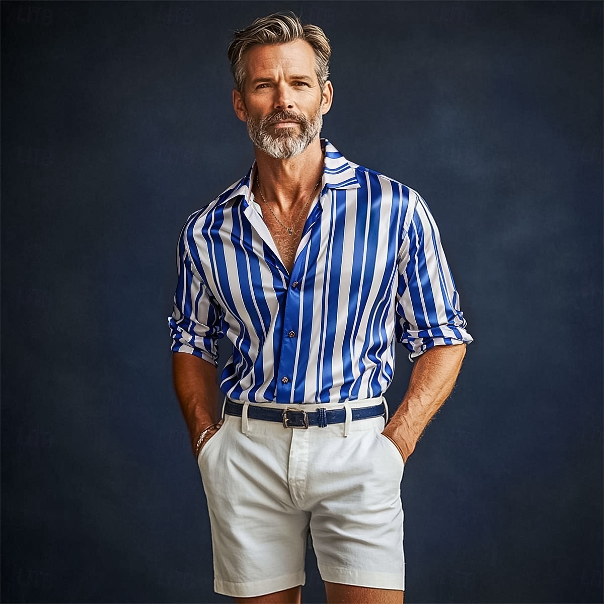 Herren Hemd Satinhemd Gestreiftes Hemd Freizeithemd Knopfhemd Vertikale Streifen Hochzeit Urlaub Blau Langarm Kragen Frühling & Herbst Bekleidung 2025 - $27.99 –P2