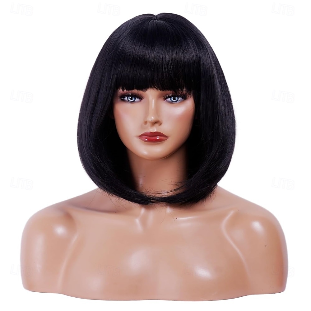 Parrucca rugelyss nera corta e liscia con frangia, 12 pollici, parrucche sintetiche per donne e ragazze con cuffia per parrucca del 2025 a $25.99 –P6