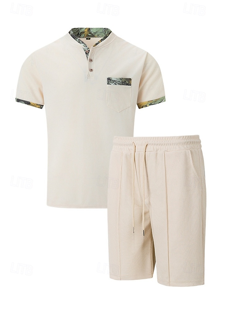 Men's Waffle Shirt T-shirt Suits 2 Pieces Outfits Tee & Shorts Short Sleeve Standing Collar Summer Color Block Fashion Casual 2 Piece Front Pocket Vacation Daily Wear Going out Black White Royal Blue 2025 - $34.99 –P16