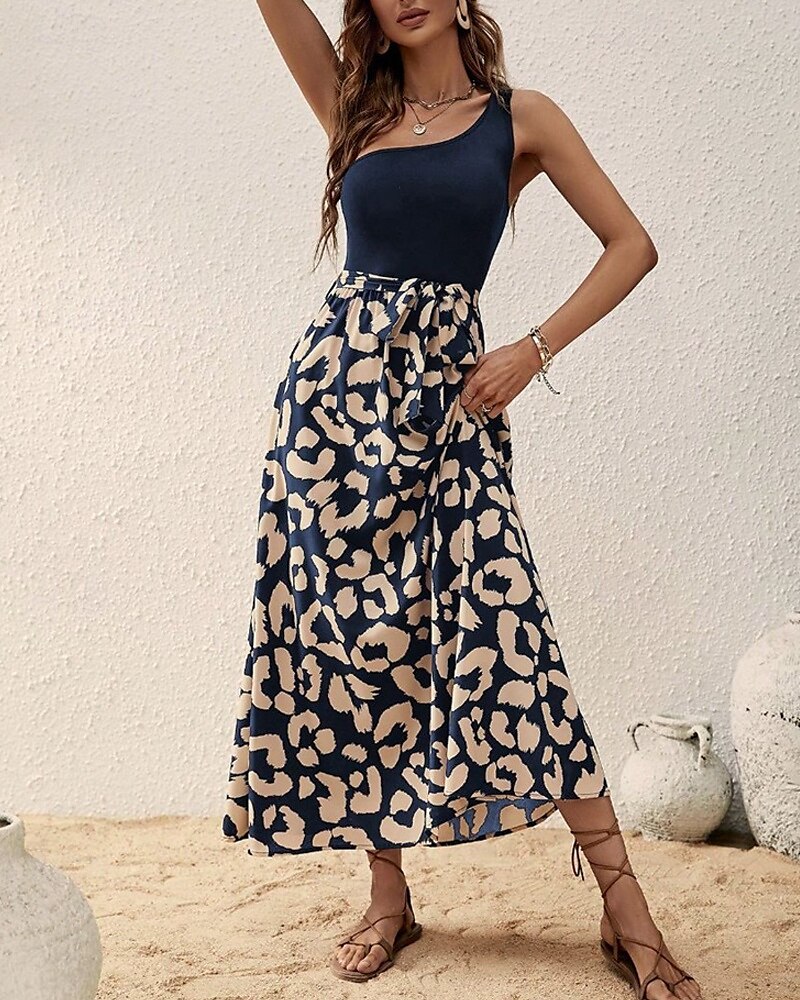 Femmes Robe Midi Robe Décontractée Robe d'été Élégant Mode Moderne Quotidien Plage Week-end Coupe régulière Léopard Sans manches Une Épaule Noir bleu marine Été de 2025 ? $27.99 –P8