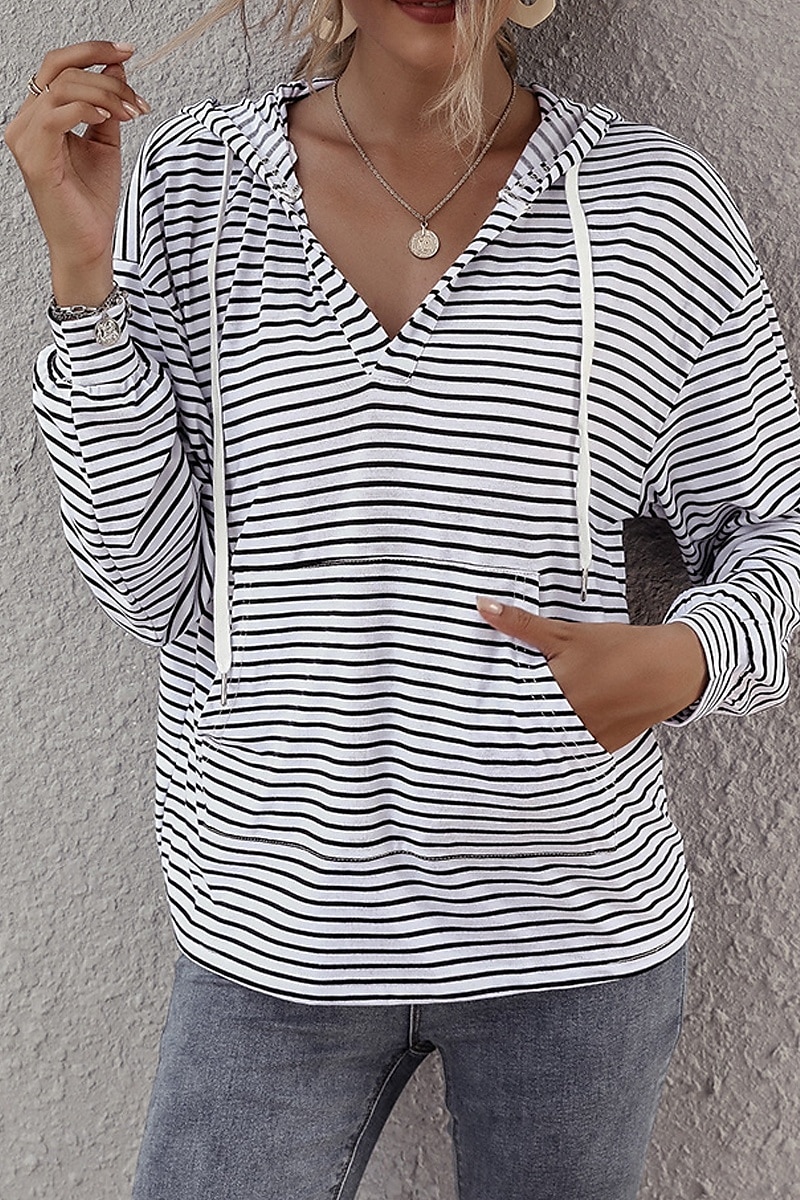 Dames Blouse Gestreept Casual Lange mouw Capuchon Normale tops Dagelijks Uitgaan Zak Wit Bruin Zomer 2025 - $19.49 –P4
