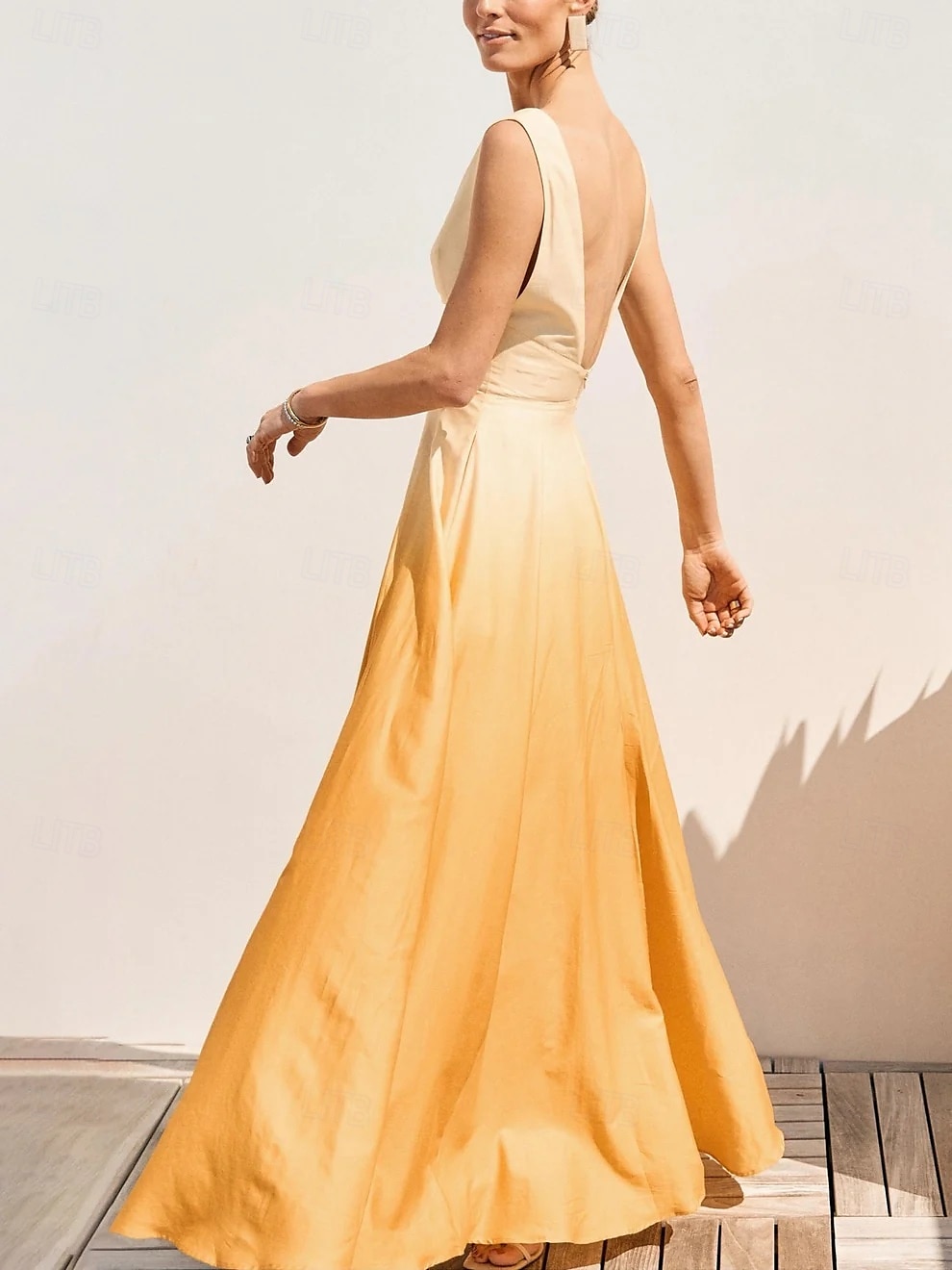 Ombre Yellow Dress Evening Gown Semi Formal Wedding Guest Floor Length Sleeveless Off Shoulder Plunge Neck Satin with Pleats 2025 - $126.99 –P2