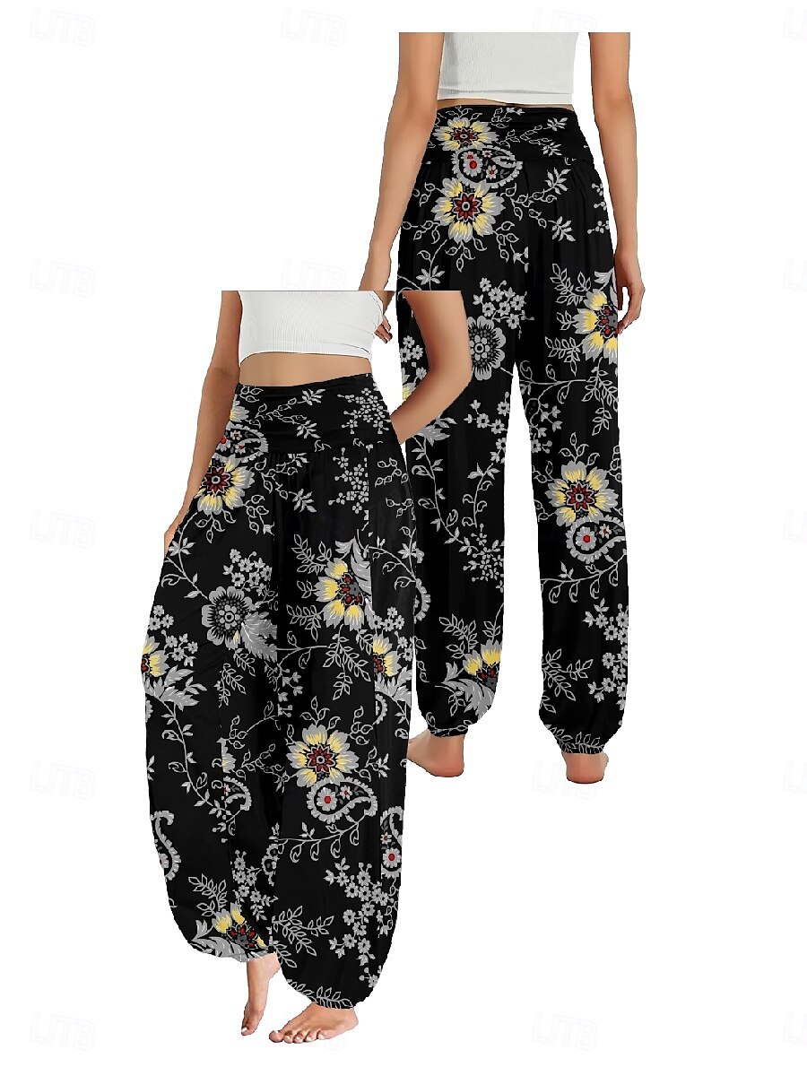 Dam Linneinspirerade byxor Brett skaft Byxor Etnisk Stil Ledigt Boho Fullängd Hög midja Blommig Ficka Elastisk midja Tryck Mateial som andas Mjuk Microelastisk Utomhus Yoga Svart Rosa Marinblå Blå 2025 - $21.99 –P15