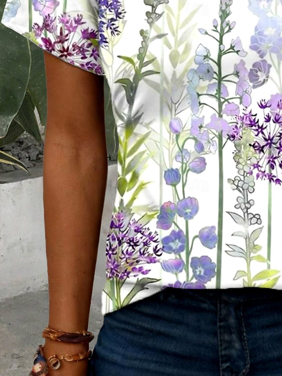 Dame T skjorte Blomstret Grafisk Planter Årgang Stilfull Klassisk Kortermet Hals med hakk Vanlige topper Daglig Helg Trykt mønster Lilla Sommer Vår 2025 - $24.99 –P3
