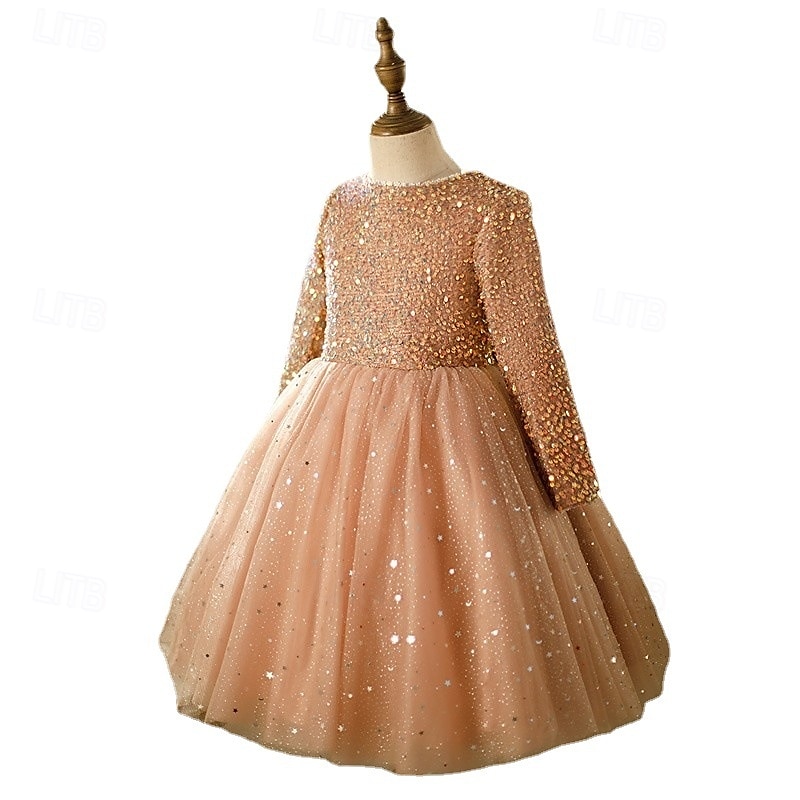 Kinder Mädchen Kleid Partykleid Einfarbig Langarm Leistung Pailletten Netz Prinzessin Süß Netzstoff Knöchellang Etui-Kleid Tüllkleid Sommer Frühling Herbst Kinder Rosa Wein Khaki 2025 - $61.99 –P7
