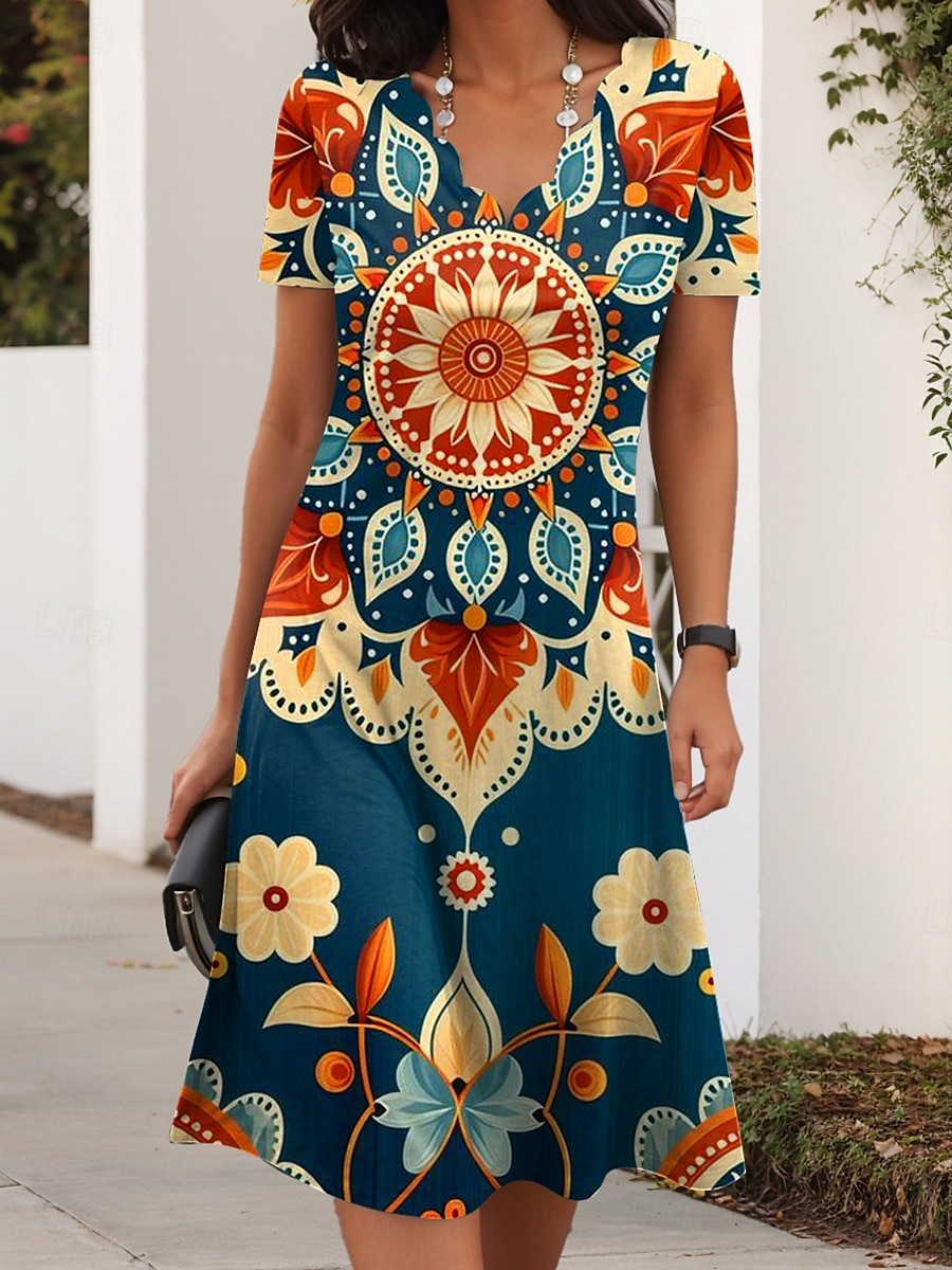 Pentru femei Rochie Mini Rochii Tricou Rochie A line Rochie de vară Casual Zilnic Fit regulat Floral Grafic Tribal Manșon scurt În V Albastru piscină Vară 2025 - $24.99 –P1